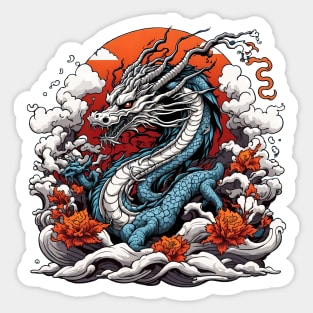 Dragon against the backdrop of a setting sun bathed in ocean waves Sticker